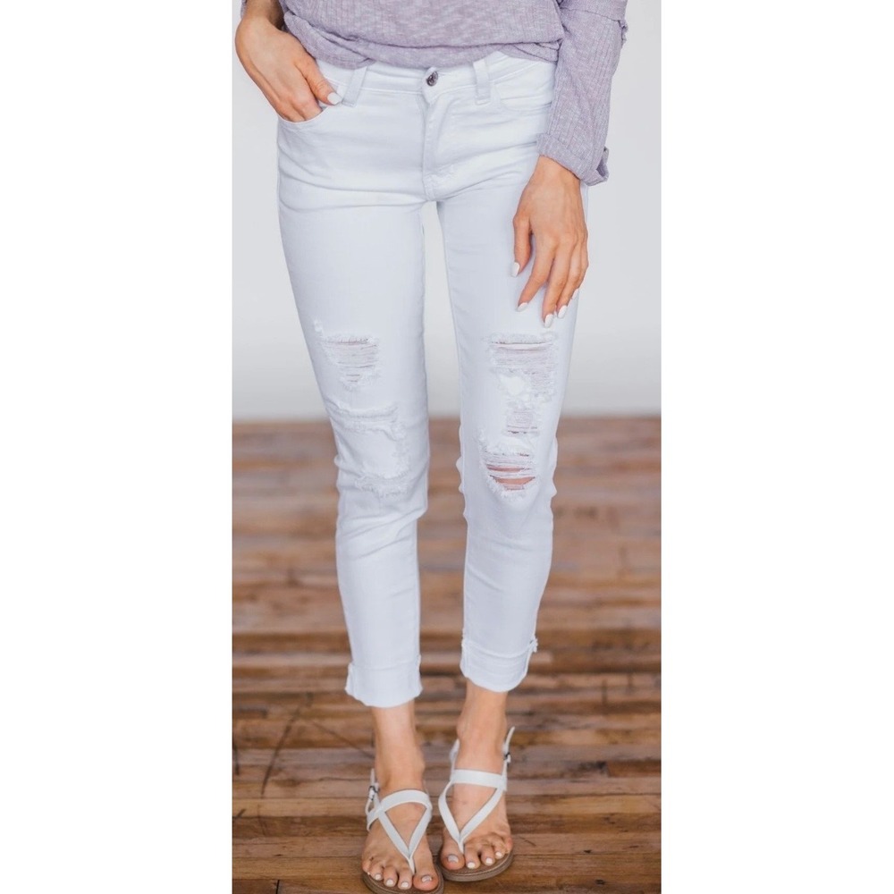 Kancan White Distressed Skinny Jeans‎ KC7350WT Mid Rise Raw Hem Womens 5/26